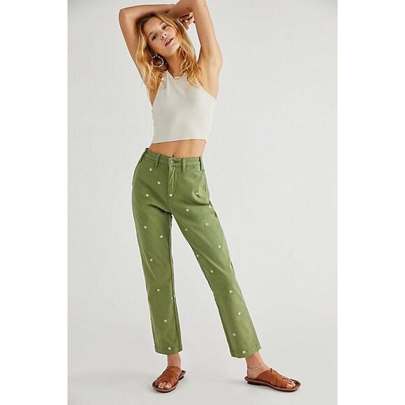NWT Free People Driftwood Embroidered Chino Pants Army Green Floral Daisy S - Picture 1 of 10